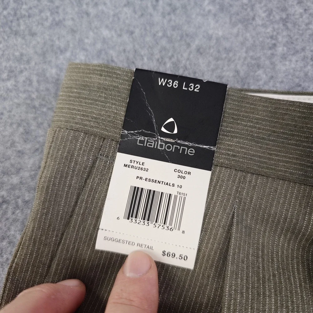 Claiborne Pants Mens 36x32 Olive Pinstripe Pleated Cuffed NWT Stretch Trouser